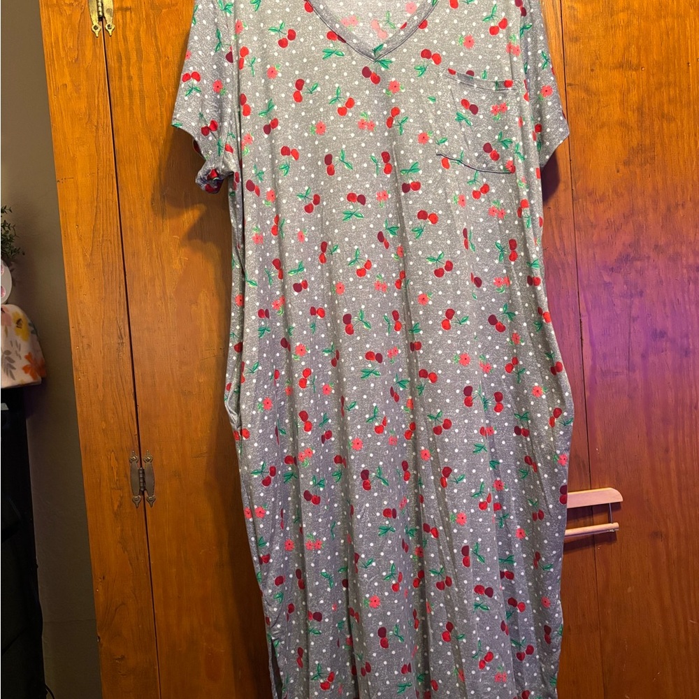 Gray Cherry Print V-Neck Gown